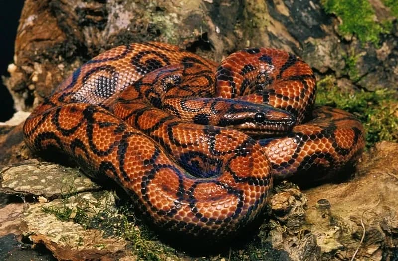 Brazilian Rainbow Boa coiled on a rock