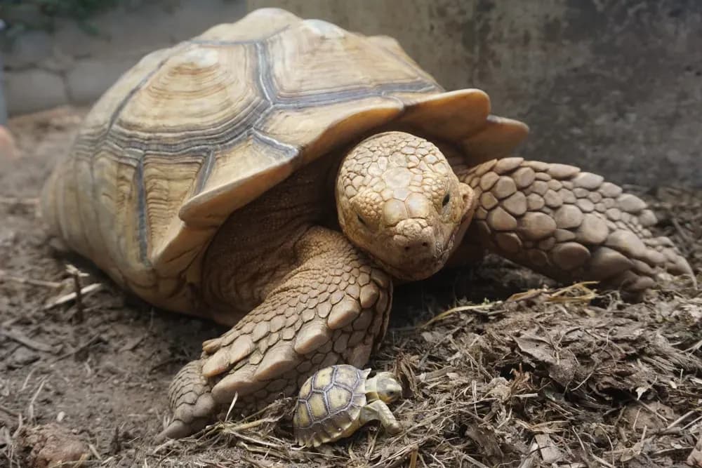 Sulcata Tortoise adult with baby